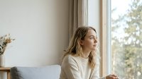 Woman with long blonde hair, Caucasian ethnicity, wearing beige sweater, sitting by window with natural light, contemplative expression, interior home setting with gray cushion and dried flowers visible.