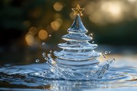 Magical water splash forming spiral Christmas tree shape with golden star on top, captured at high speed against blurred bokeh background in nature setting.