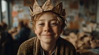 Young blonde boy wearing handmade paper crown smiling warmly in cozy indoor setting with soft natural lighting for childhood and creativity concepts.