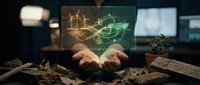 Businessman hands presenting holographic renewable energy icons with wind turbines and green technology symbols in modern office environment.