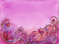 Pink watercolor background with decorative floral swirls and curls along the bottom, featuring magenta blooms and golden outlines for cards or invitations.