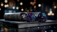 Glowing galaxy-themed gaming dice with sparkly purple and blue swirls on dark background with bokeh lights, displayed on rulebook pages for tabletop games.