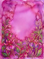 Watercolor floral frame with fuchsia blooms and gold outlines on vibrant pink purple background, copy space for text or greeting card design.
