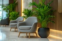 Modern gray armchairs with wooden legs in contemporary office lobby featuring large tropical plants in black planters and warm ambient lighting.