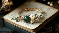 Vintage style bracelet with green gemstone and pearls on antique music sheet, romantic jewelry composition in warm nostalgic lighting.