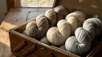 Natural wool yarn skeins in wooden box by window. Handcraft knitting supplies in neutral beige and gray tones for textile projects and fiber arts.