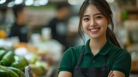 Young Asian female grocery store worker in green polo shirt and black apron smiling warmly at produce section, representing retail service and customer care.