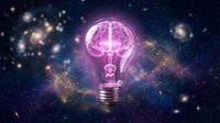 Glowing light bulb with brain inside against cosmic space background with stars and nebula. Creative innovation and bright ideas concept for business and technology.