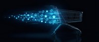 Digital shopping cart with glowing blue network connections and icons streaming behind it on dark background for ecommerce and online retail concepts.