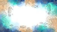 Marine life frame with seahorses, starfish, shells and coral sketches on turquoise watercolor background for ocean themed designs and summer projects.
