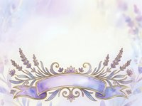 Ornate lavender and gold decorative banner with flourishing botanical wheat elements and scrollwork on soft blurred background, suitable for wedding invitations, greeting cards, and elegant design projects.