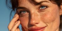 Close-up portrait of young woman with freckles and blue eyes smiling in warm sunlight against blue sky background.