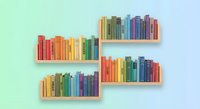 Colorful books arranged on wooden shelves against pastel gradient background for education, reading and library concepts in modern flat design style.