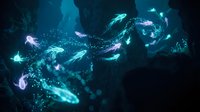 Mystical underwater scene with glowing jellyfish and marine creatures swimming in deep blue ocean waters with magical bioluminescent effects and sparkling particles.
