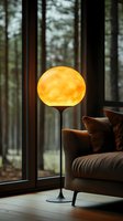 Modern floor lamp with glowing orange spherical shade illuminates cozy living room corner with brown sofa near panoramic forest window in evening atmosphere.
