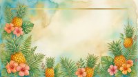 Tropical pineapple and hibiscus frame with watercolor botanical elements on aged paper background, ideal for summer designs and invitations.