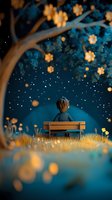 Young boy sitting alone on wooden bench under blooming tree at night, watching starry sky with glowing flowers and magical atmosphere in dreamy landscape.