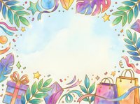 Colorful tropical frame with gift boxes, shopping bags, and festive leaves on white background. Isolated design element suitable for greeting cards, invitations, and promotional materials.