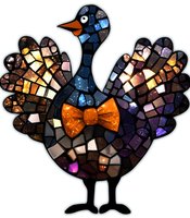 Mosaic turkey with orange bow tie in stained glass style featuring colorful fragments and geometric patterns on isolated background, suitable for holiday designs.