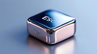 Metallic ESC keyboard key with rose gold sides and blue top on gradient background, symbolizing technology escape function for digital interfaces.