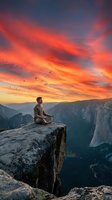 Young man meditating on mountain cliff edge during dramatic sunset with vibrant orange and red sky colors over valley landscape for wellness and mindfulness.