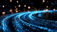 Glowing blue curved light trails with bokeh effects against dark background create futuristic technology concept for digital transformation and innovation themes.