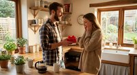 Smiling Caucasian man in plaid shirt giving red gift box to happy blonde woman in beige sweater in cozy modern kitchen with wooden shelves and plants.