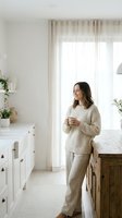 Woman in cream knit sweater and linen pants holding coffee cup in bright, minimalist kitchen with white cabinetry and sheer curtains, lifestyle home interior.