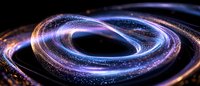 Glowing spiral light trails with purple and orange colors create dynamic motion effect against dark background, abstract cosmic energy visualization.