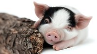 Adorable spotted piglet resting head on rustic wooden log against white background, close-up portrait showing pink nose and ears. Isolated farm animal photo for design use.
