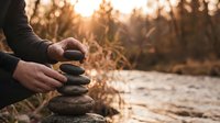 Hands carefully stacking smooth river stones in balanced tower by water during golden hour sunset creating peaceful zen meditation moment in nature.