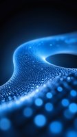 Abstract blue glowing particles forming curved wave shape on dark background, digital technology concept with bokeh light effects and depth of field.