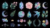 Watercolor botanical and celestial design elements isolated on transparent background, ready for t-shirt designs, clipart, stickers, sublimation, print-on-demand products and digital crafts.