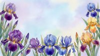 Watercolor iris flowers in purple, blue, and yellow tones with green stems and leaves arranged in a border composition on white background, suitable for greeting cards and floral designs.