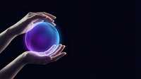 Hands protecting glowing purple energy sphere on dark background symbolizing power protection innovation technology and mystical forces.