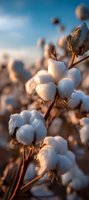 Ripe cotton bolls on plant against blue sky in warm sunset light, macro close-up view showing natural fiber texture and softness in agricultural field.