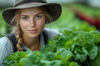 Young Caucasian woman farmer in hat with blonde braid smiling while tending to fresh organic lettuce growing in sustainable garden, agriculture concept.