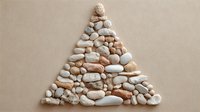 Smooth river stones arranged in perfect triangle shape on neutral beige background, creating zen-like geometric composition for wellness and spa designs.