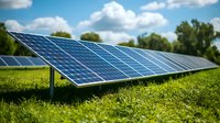 Solar panels array installed on green grass field with trees and white clouds in blue sky background, renewable energy generation concept.