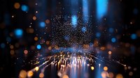 Blurred city lights at night with bokeh effect and falling snow create magical urban atmosphere. Glowing street reflections merge with snowflakes in dark winter evening.