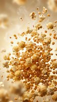 Golden popcorn kernels exploding in mid-air with dynamic motion blur against warm bokeh background for snack food and entertainment concepts.