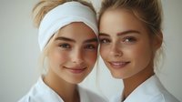 Young female spa specialists in white uniforms smiling at camera. Close up portrait of two blonde women with natural makeup and professional appearance.