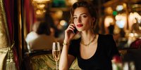Elegant young woman talking on phone in luxury restaurant with champagne glass, sophisticated evening dining atmosphere with warm golden lighting.