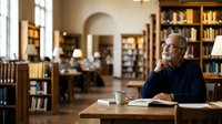 Senior man with glasses and gray beard wearing dark sweater sits at wooden table in library with coffee cup and notebook, surrounded by bookshelves and warm lighting, suitable for education, learning, and knowledge concepts.