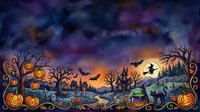 Spooky haunted mansion landscape with carved jack-o-lanterns, flying bats, bare twisted trees, and glowing moon at dusk. Festive decoration for seasonal events and holiday designs.