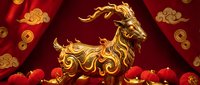 Golden dragon ornament with traditional Chinese clouds and coins on red background for lunar new year celebration and festive decoration.