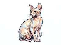 Sphynx cat breed sitting upright with hairless skin, large ears, and alert expression isolated on white background for design use.