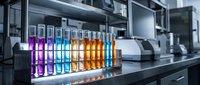 Row of colorful test tubes with glowing liquids in modern laboratory setting for scientific research and chemical analysis experiments.