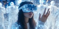 Young Asian woman wearing virtual reality headset surrounded by glowing digital figures in futuristic environment, exploring metaverse technology and digital world.