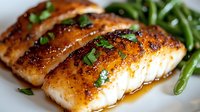 Seared salmon fillets with golden crust, fresh green beans, and herb garnish on white plate. Gourmet seafood dinner preparation.